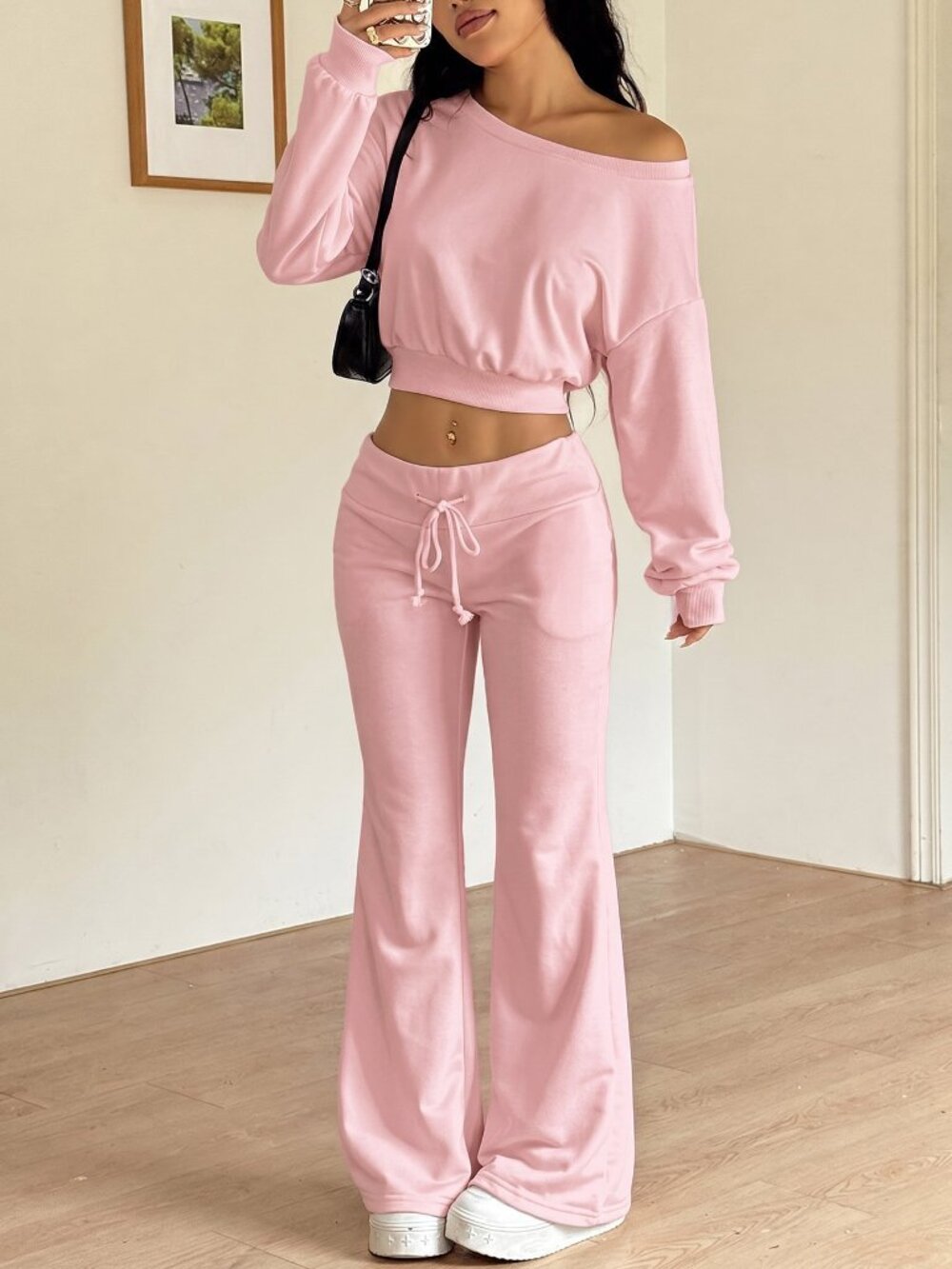 Hot Pink Casual Women's Shoulder Sweatshirt & Flare Sweatpants Set